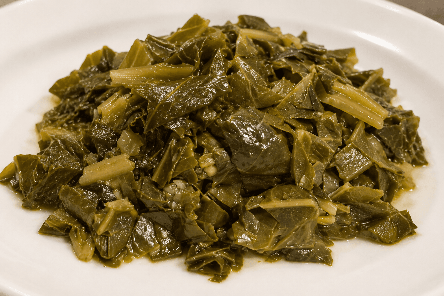 Slow-simmered collard greens served on a white plate