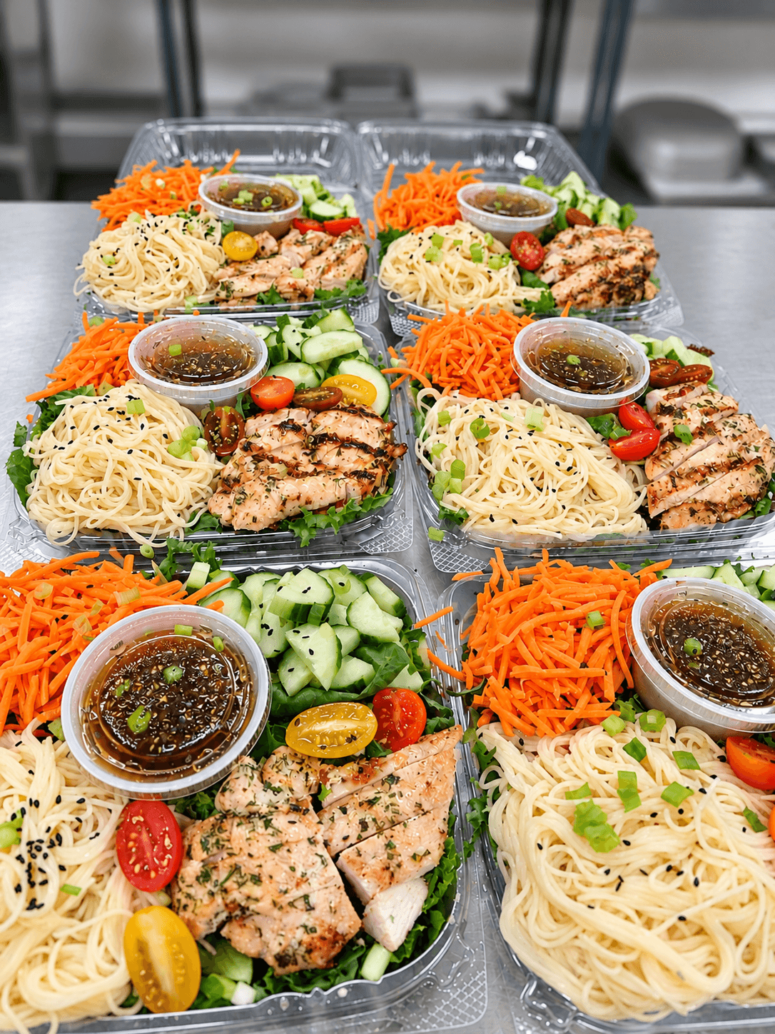 Six meal prep boxes filled with chicken, noodles, vegetables, and sesame dressing