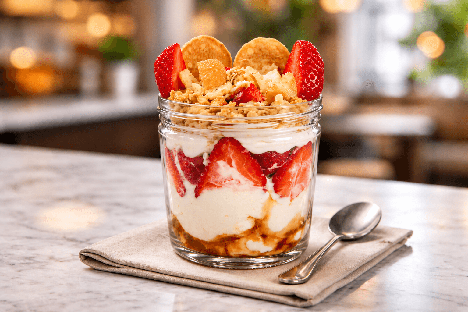 Strawberry parfait layered with cream, sliced strawberries, and granola in a clear glass jar