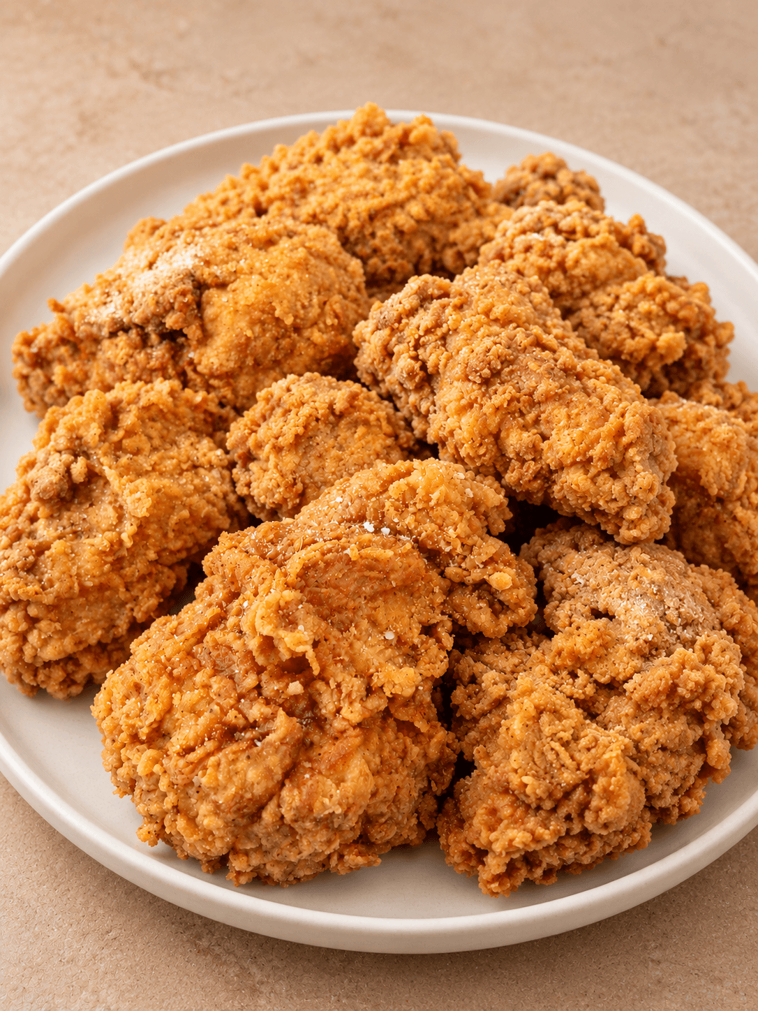 Golden fried chicken pieces arranged on a family-style platter