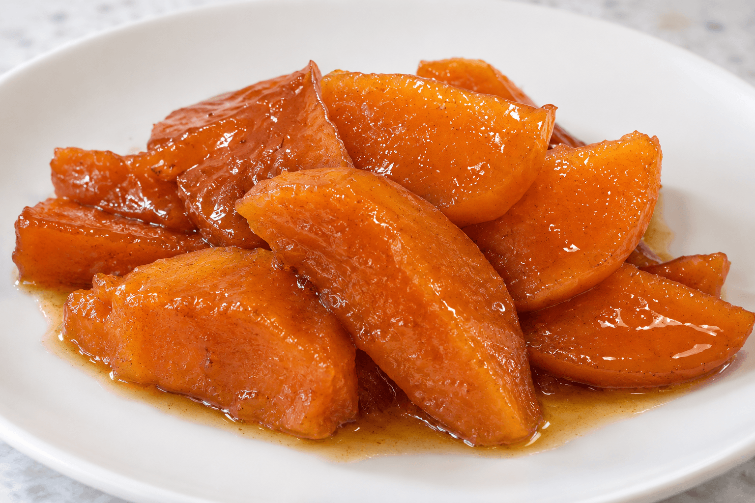 Candied yams arranged on a white plate